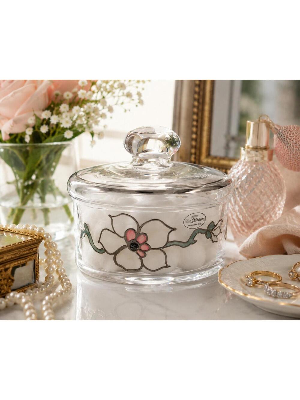 Vintage La Maison Italy Hand Painted Glass Vanity Jar Trinket Box Lid